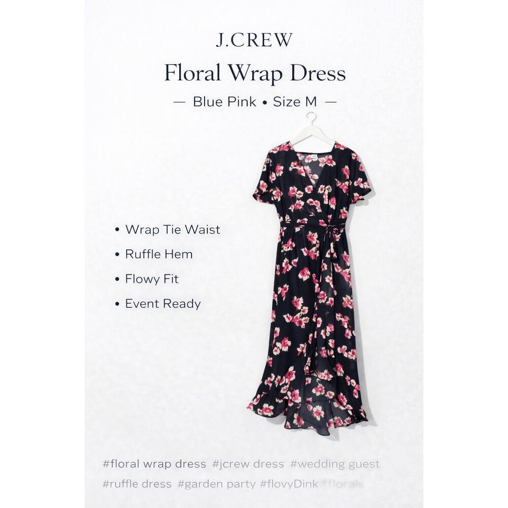 J.Crew Floral Wrap Dress Blue Pink V Neck Short Sleeve Medium